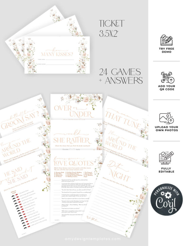 Bridal Party Games Printable Template Instant Download | Editable Floral Bridal Shower Game Bundle