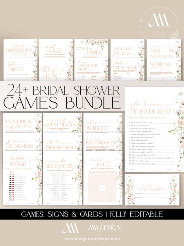 Wildflower Bridal Shower Invite Template | Editable Whimsical Garden Invitation Printable Card Bridal Party Games Printable Template Instant Download | Editable Floral Bridal Shower Game Bundle