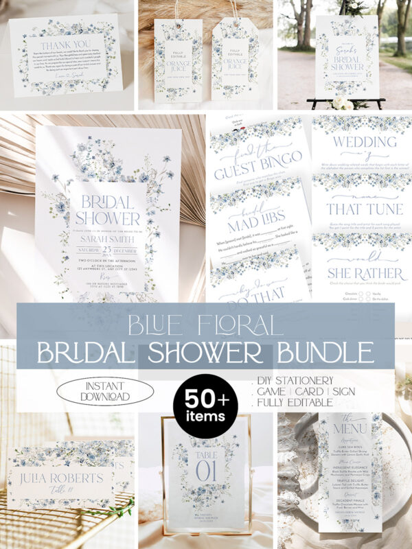 Blue Floral Bridal Shower Bundle | Wildflower Bridal Shower Invitations Template | Shower Signage Games Bundle