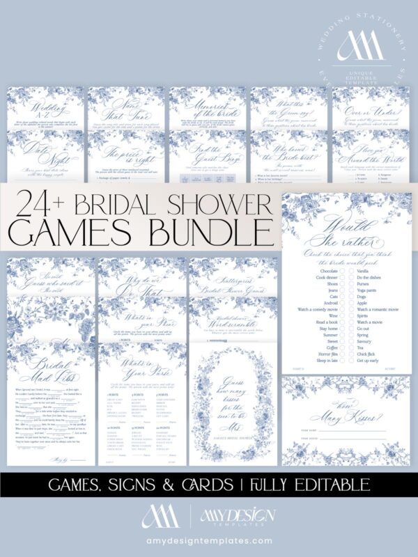Something Blue Bridal Shower Invitation Template Bundle | French Toile Bridal Shower Bundle | Games Bundle Editable Something Blue Bridal Shower Games Bundle | Monogram Blue Bridal Games Printable