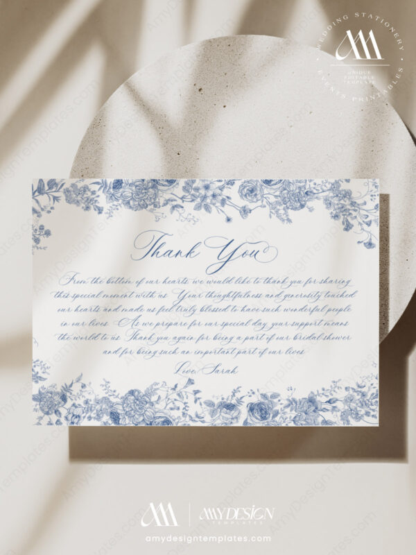 Blue Minimalist Bridal Shower Thank You Card Printable | Monogram Wedding Shower Thank You Template