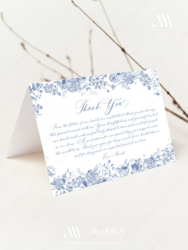 Blue Minimalist Bridal Shower Thank You Card Printable | Monogram Wedding Shower Thank You Template