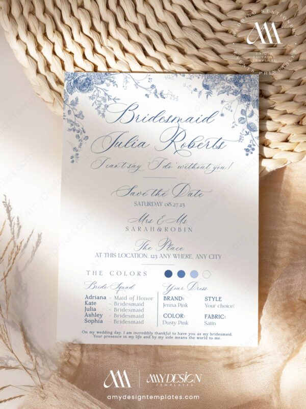 Printable Will You Be My Bridesmaid Card | Maid Of Honor Proposal Template | Bridesmaid Info Card