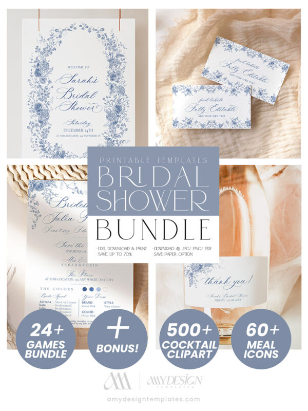 Something Blue Bridal Shower Invitation Template Bundle | French Toile Bridal Shower Bundle | Games Bundle Editable