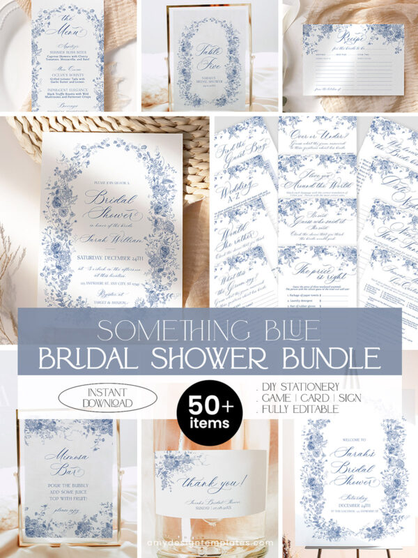 Something Blue Bridal Shower Invitation Template Bundle | French Toile Bridal Shower Bundle | Games Bundle Editable
