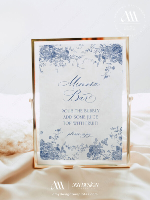 Something Blue Bridal Shower Invitation Template Bundle | French Toile Bridal Shower Bundle | Games Bundle Editable Something Blue Bridal Shower Mimosa Bar Printable Sign | French Toile Floral Table Signs