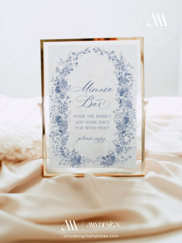 Something Blue Bridal Shower Mimosa Bar Printable Sign | French Toile Floral Table Signs