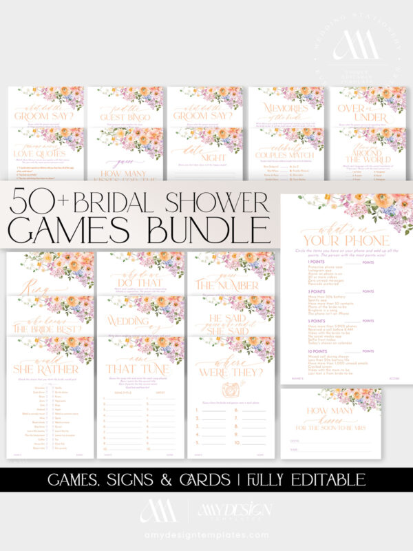 50 Floral Bridal Shower Games Bundle | Shower Games Printable Digital Instant Download