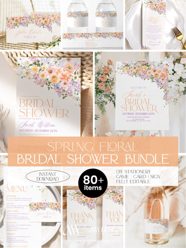 Spring Bridal Shower Bundle Template | Peach Purple Floral Bridal Shower Invitation Bundle | Editable Games