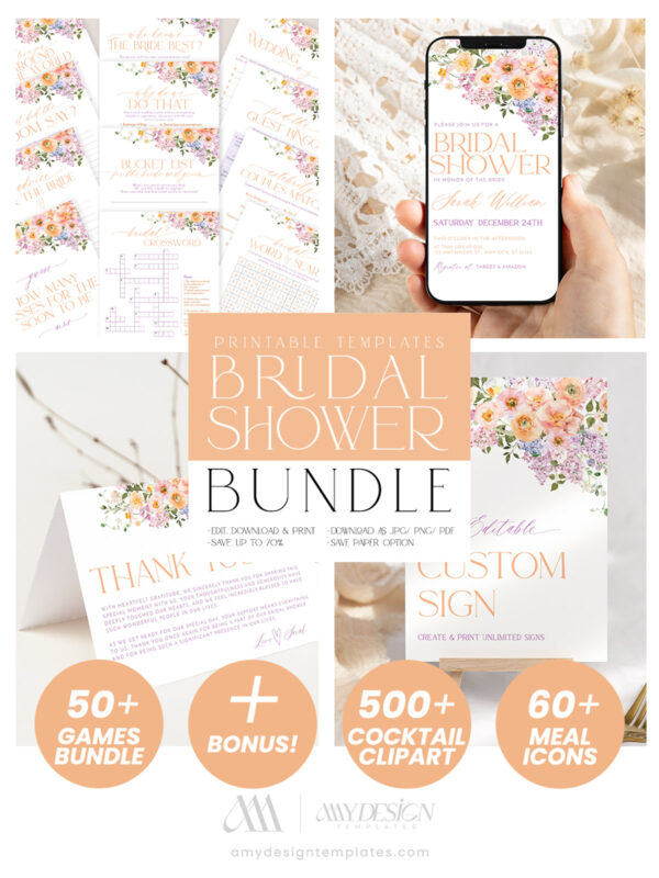Spring Bridal Shower Bundle Template | Peach Purple Floral Bridal Shower Invitation Bundle | Editable Games