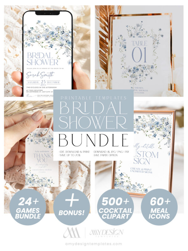Blue Wildflower Bridal Shower Invitation Bundle | Blue Floral Bridal Shower Invite Template | 24 Bridal Games Bundle