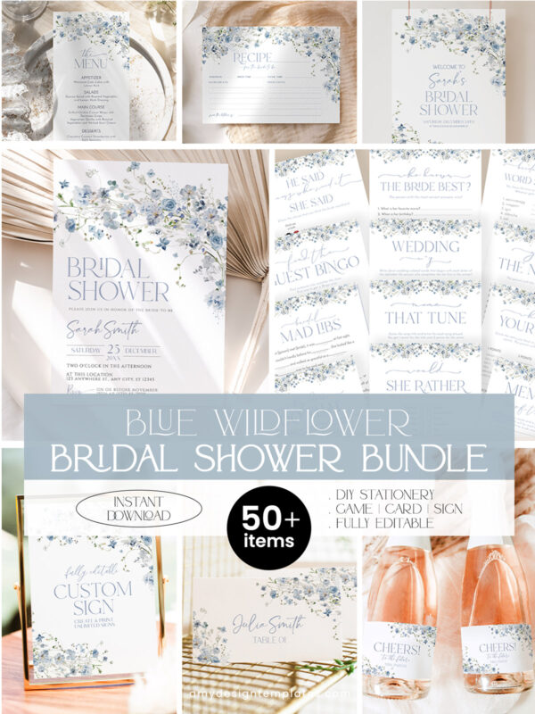 Blue Wildflower Bridal Shower Invitation Bundle | Blue Floral Bridal Shower Invite Template | 24 Bridal Games Bundle
