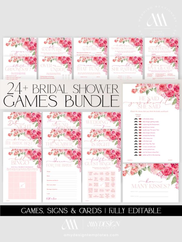 Hot Pink Bridal Games Printable Download | Editable 24 Bridal Shower Games Bundle Template
