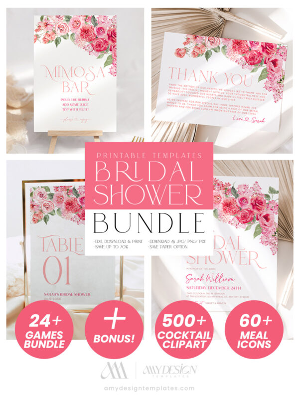 Hot Pink Bridal Shower Bundle | Floral Bridal Shower Invitation Template | 24 Editable Games Bundle