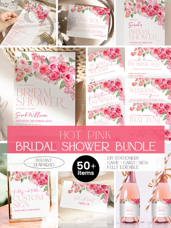 Hot Pink Bridal Shower Bundle | Floral Bridal Shower Invitation Template | 24 Editable Games Bundle