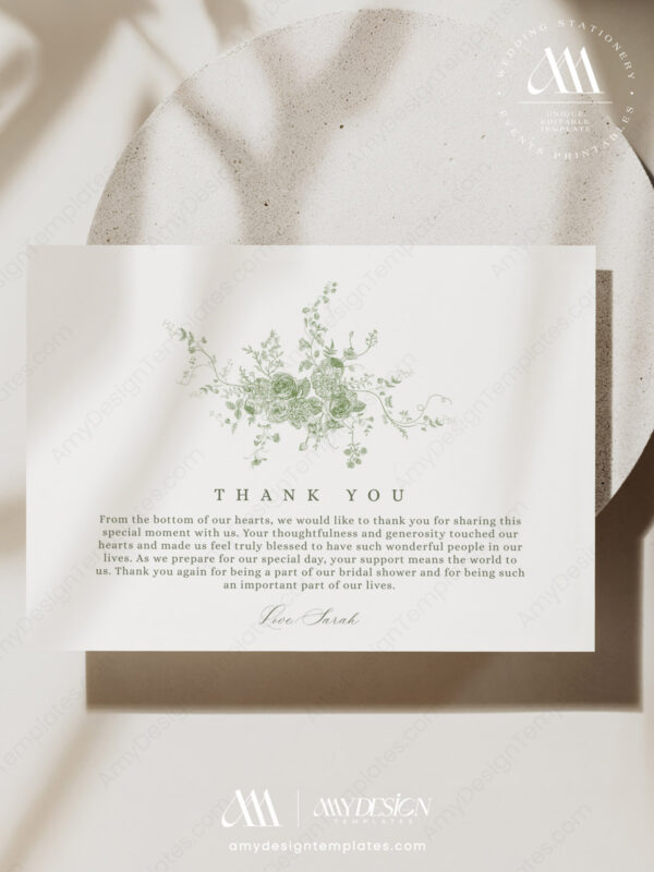 French Toile Minimalist Thank You Card Template | Greenery Monogram Printable Thank You Cards