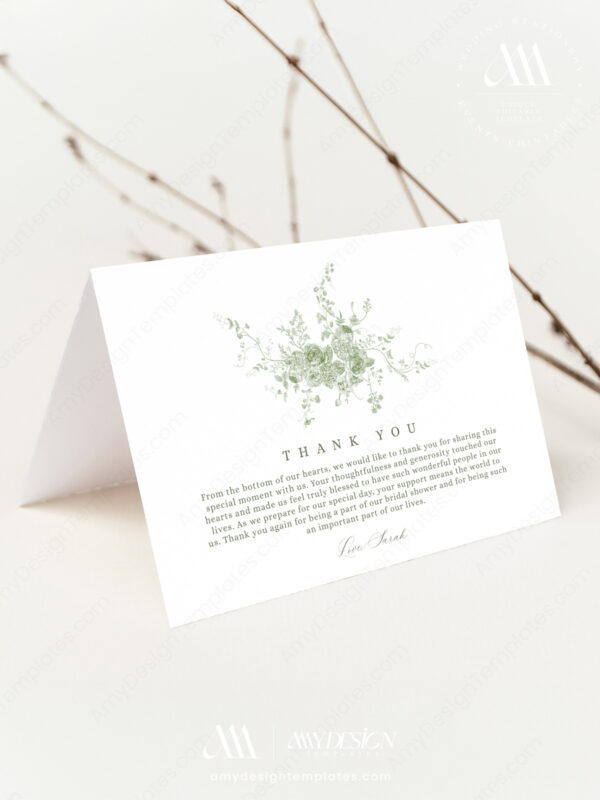 French Toile Minimalist Thank You Card Template | Greenery Monogram Printable Thank You Cards