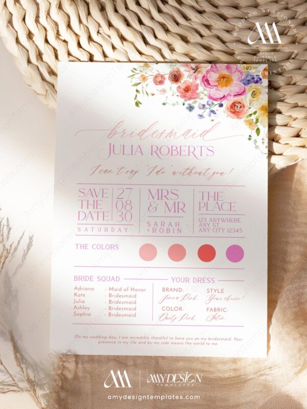 Bridesmaid Proposal Template Printable | Bridesmaid Card | Floral Bridesmaid Proposal Card
