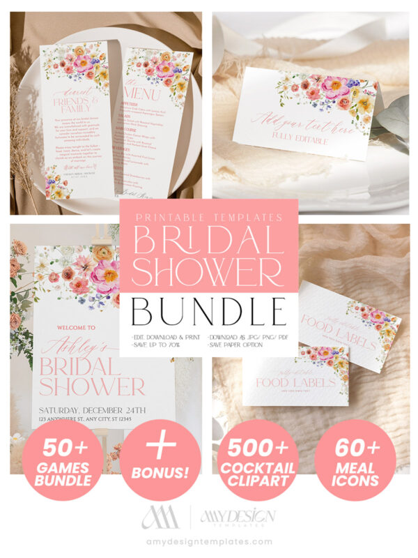 Bright Floral Bridal Shower Bundle Template | Love In Bloom Bridal Shower Invitations | 50 Shower Games Printable