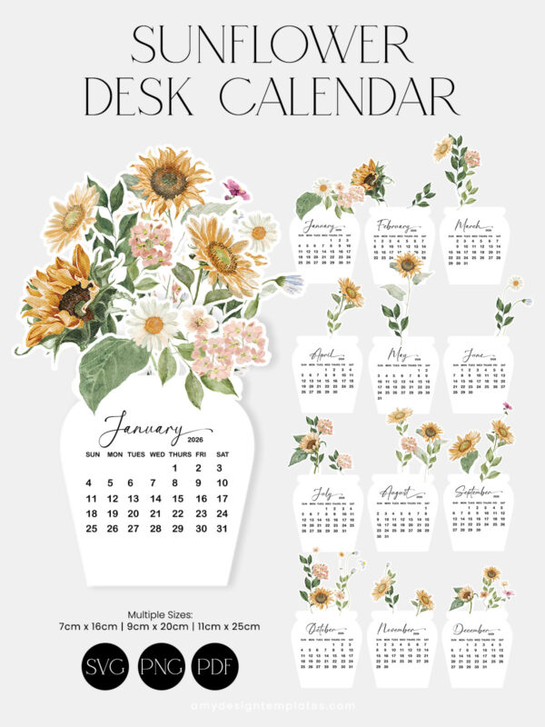 Sunflower Floral Calendar Printable 2026 Amy Design Templates