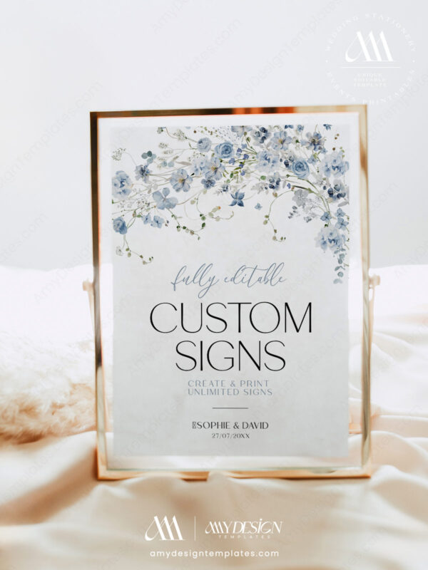 Blue Wildflower Wedding Table Signs | Botanical Wedding Custom Sign Printable