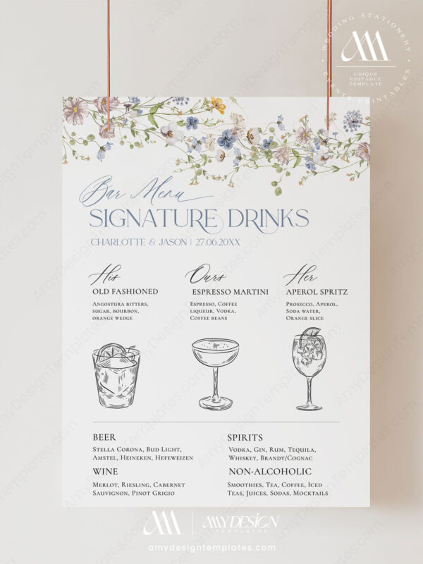 Wildflower Wedding Signage Bundles Template Printable | Spring Garden Reception Signs Signature Drink Sign Template | Wildflower Wedding Bar Menu Sign Printable