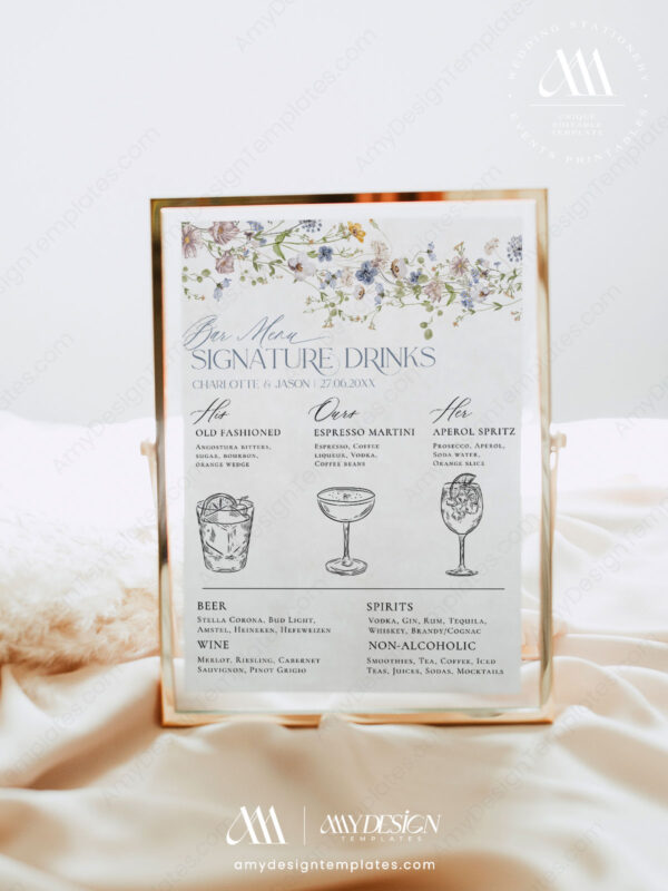 Wildflower Wedding Signage Bundles Template Printable | Spring Garden Reception Signs Wildflower Wedding Signage Bundles Template Printable - Bar Menu Sign