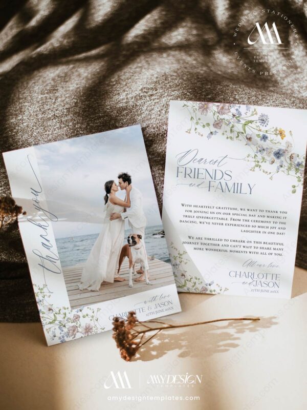 Wildflower Wedding Thank You Card | Minimalist Wedding Photo Thank You Card | Printable Template