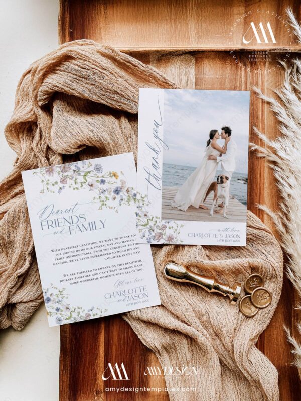 Wildflower Wedding Thank You Card | Minimalist Wedding Photo Thank You Card | Printable Template