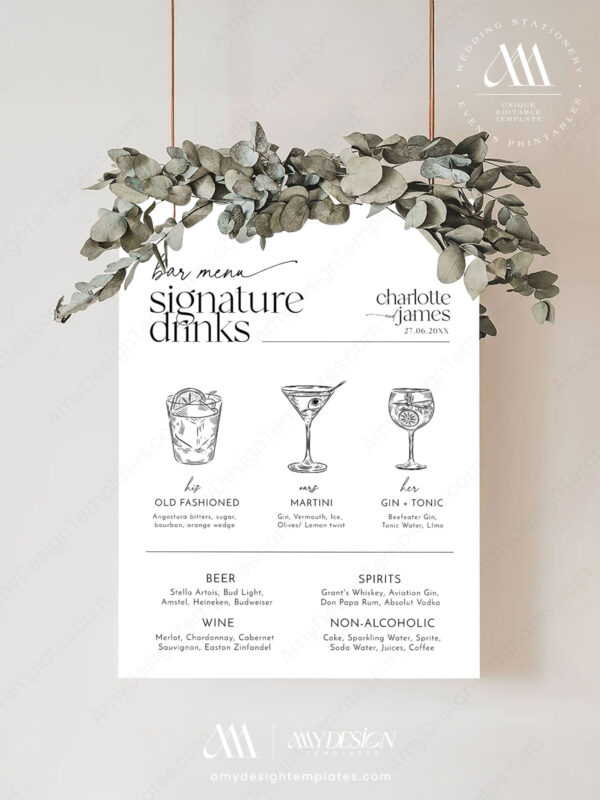 Modern Minimalist Wedding Invitation Template Modern Minimalist Wedding Bar Menu Template | Signature Drinks Cocktails Sign