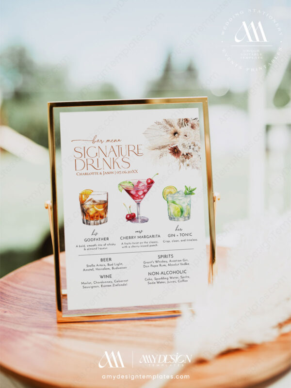 Boho Wedding Drink Sign Template | Signature Drink Menu Sign | Signature Cocktails