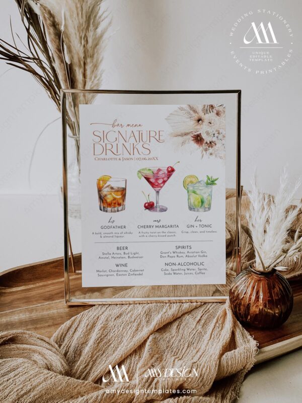 Rustic Bohemian Wedding Signage Template Bundle | Reception Sign Printable Rustic Bohemian Wedding Signage Template Bundle - Bar Menu