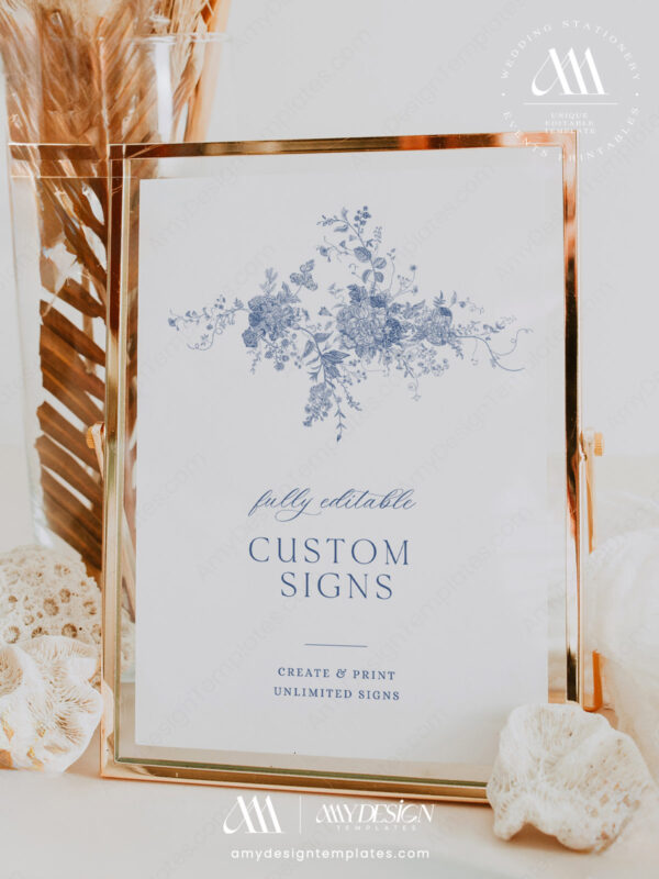 Blue French Toile Wedding Invitations Template BUNDLE | Monogram Wedding Invites, Menu & Signs Blue French Toile Wedding Invitations Template BUNDLE | Custom Table Sign Editable Printable