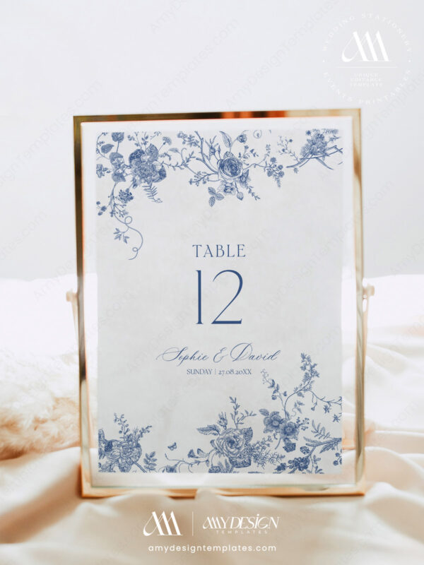 Monogram Wedding Sign Template Bundle | Blue French Toile Reception Signs Printable Monogram Wedding Sign Template Bundle - Table Numbers