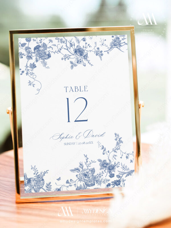 French Floral Wedding Table Numbers Template | Printable Table Number Card Monogram