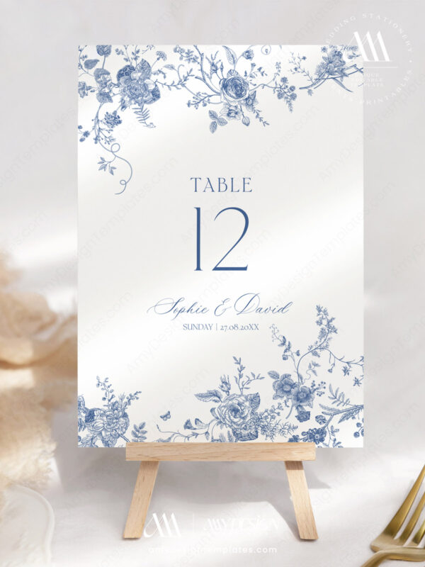 French Floral Wedding Table Numbers Template | Printable Table Number Card Monogram