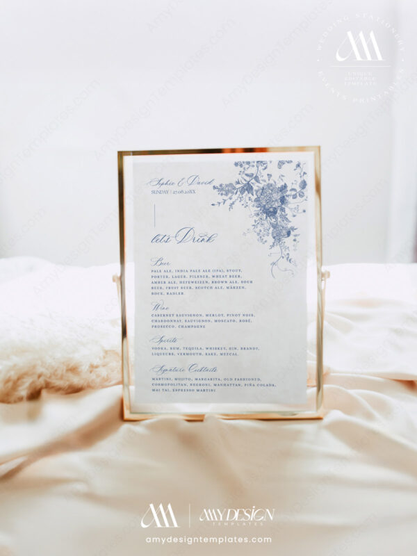 Minimalist Blue Wedding Bar Menu Sign Template | Drink Menus Printable
