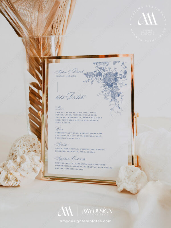 Minimalist Blue Wedding Bar Menu Sign Template | Drink Menus Printable