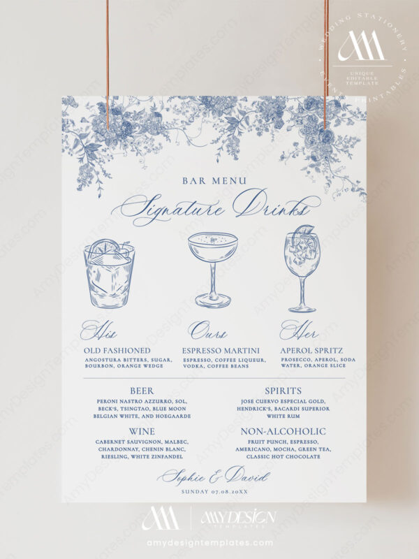 Minimalist Signature Drink Menu Template | Monogram Wedding Drink Sign