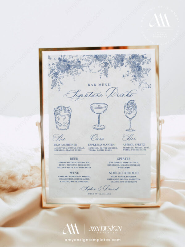 Monogram Wedding Sign Template Bundle | Blue French Toile Reception Signs Printable Minimalist Signature Drink Menu Template - Signature Cocktails Sign