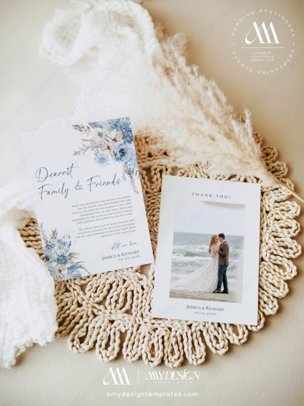 Blue Boho Wedding Thank You Card Template | Floral Wedding Photo Thank You | Printable Template Download