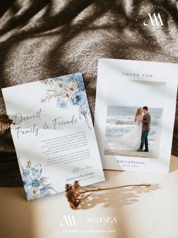 Blue Boho Wedding Thank You Card Template | Floral Wedding Photo Thank You | Printable Template Download