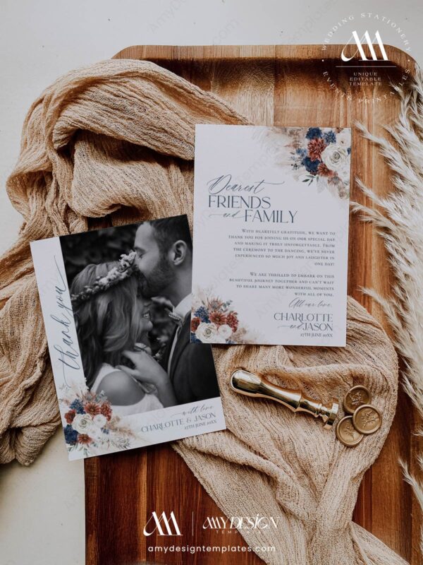 Navy Rust Boho Wedding Thank You Card Template | Printable Wedding Cards | Bohemian Wedding Photo Thank You