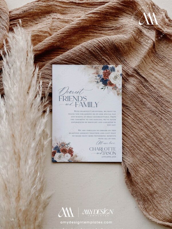 Navy Rust Boho Wedding Thank You Card Template | Printable Wedding Cards | Bohemian Wedding Photo Thank You