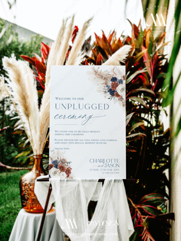 Unplugged Ceremony Wedding Sign Template Navy Rust Boho