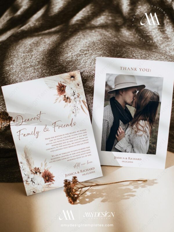 Bohemian Wedding Thank You Card Template | Boho Terracotta Wedding Photo Thank You Card