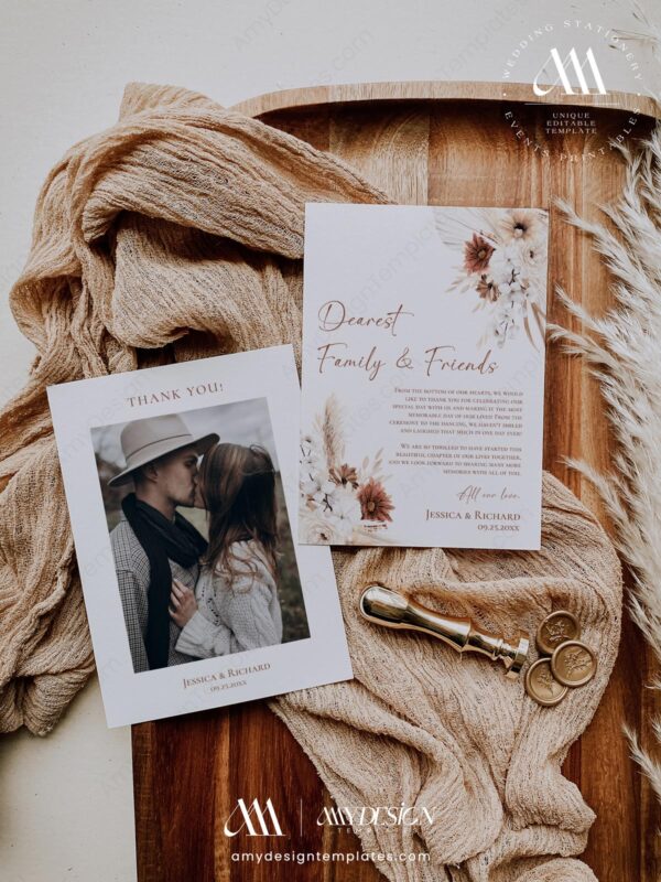 Bohemian Wedding Thank You Card Template | Boho Terracotta Wedding Photo Thank You Card