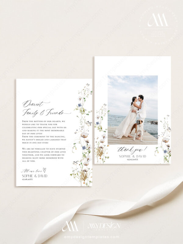 Minimalist Wedding Thank You Card with Photo | Wildflower Thank You Cards Printable Download