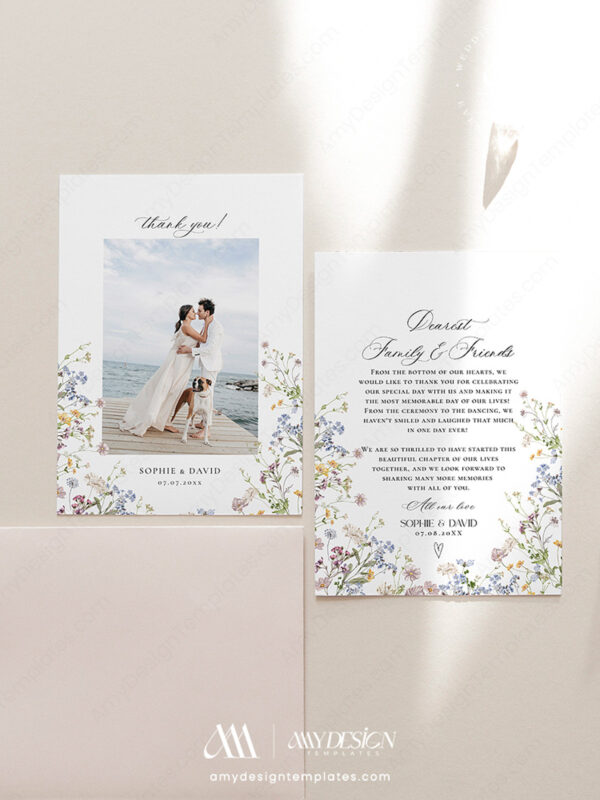Modern Wedding Photo Thank You Card Template | Wildflower Wedding Thank You Cards