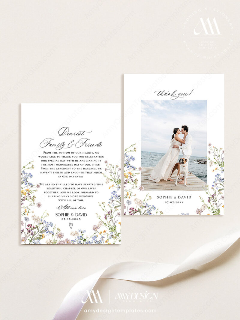 Modern Wedding Photo Thank You Card Template | Wildflower Wedding Thank ...